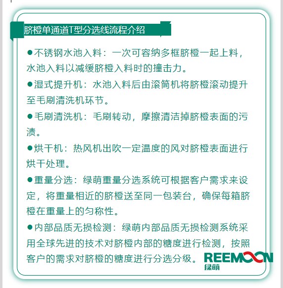 今年綠萌推出T型系列設備，專為中國果農研制的高性價比的設備，具有功能齊全、小型輕便可移動、操作簡單、易維護的優(yōu)點。臍橙單通道分選線確保每箱分選過的臍橙個頭勻稱、糖酸度相近，有著穩(wěn)定的品質，讓非標準的農產品標準化。該分選線專門為中國小戶果農定制，為客戶實地考察，根據客戶需求全流程設計，